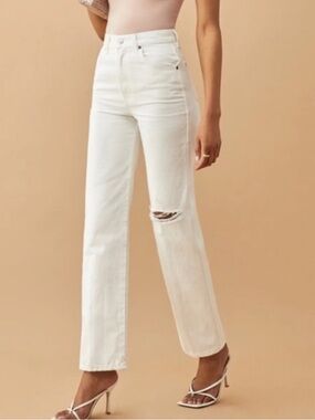 Reformation White Straight-Leg Jeans with Knee Rip